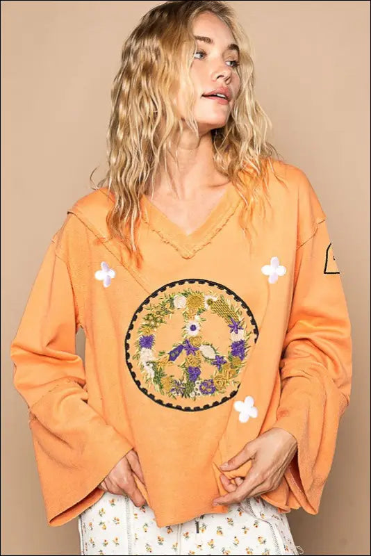 POL Peace Embroidered Exposed Seam Back Ruffle V-Neck Top