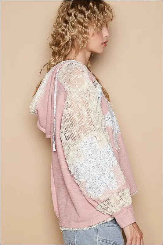 POL Star Patch Lace Long Sleeve Hooded Top