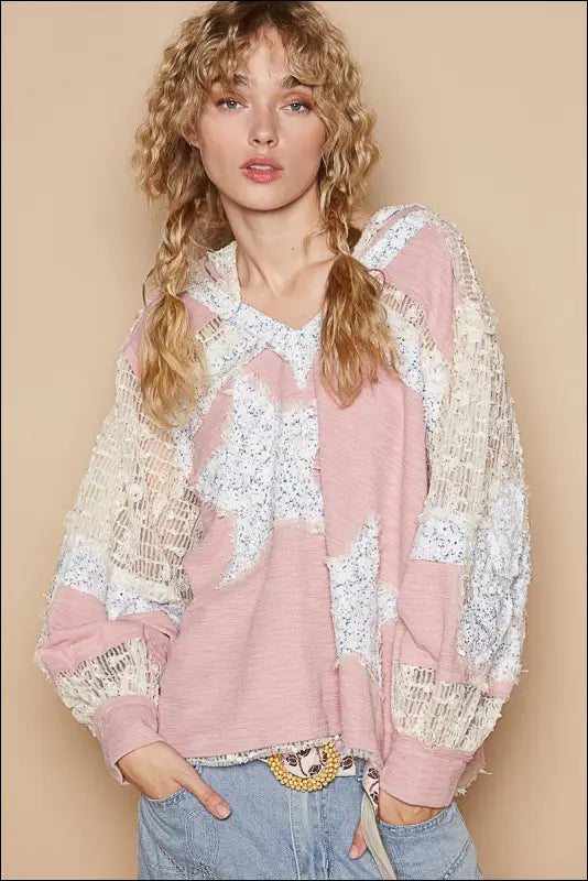 POL Star Patch Lace Long Sleeve Hooded Top - Watermelon Multi / S