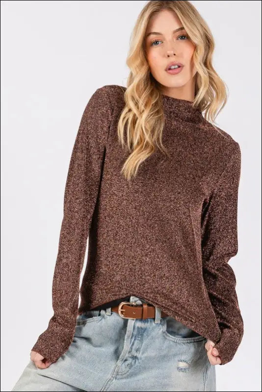 SAGE + FIG Glitter Mock Neck Lettuce Hem Long Sleeve Top