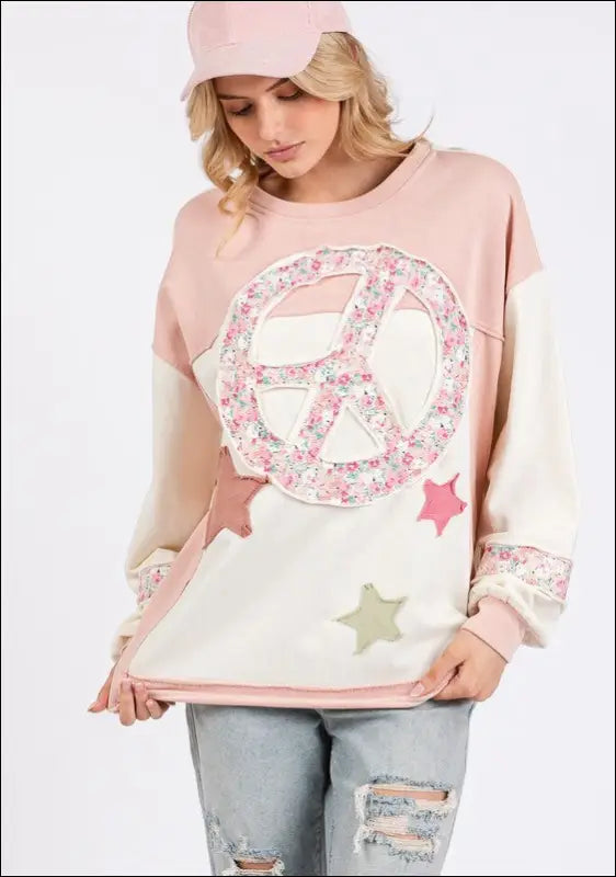 SAGE + FIG Peace & Star Patch Contrast Round Neck Sweatshirt - Blush Pink / S