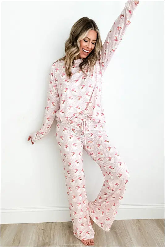 Santa Print Long Sleeve Top and Pants Lounge Set