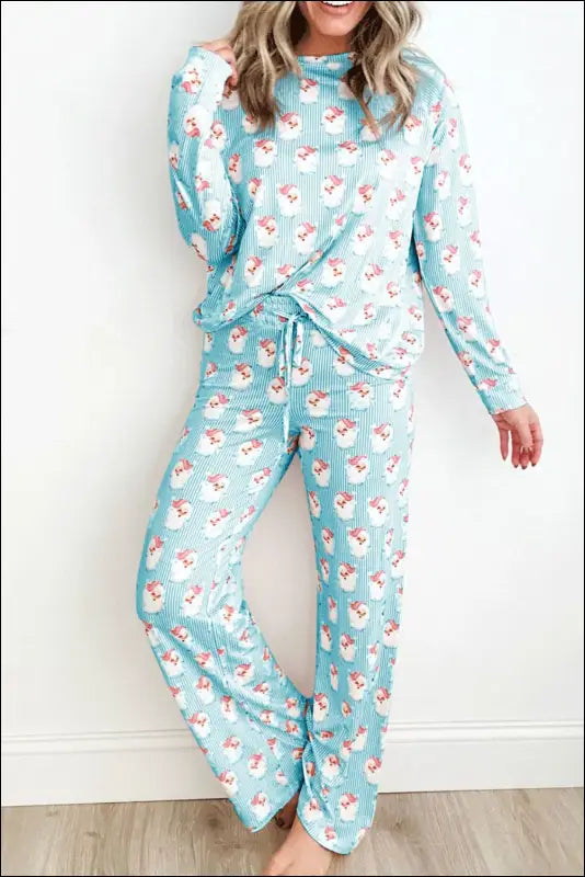 Santa Print Long Sleeve Top and Pants Lounge Set