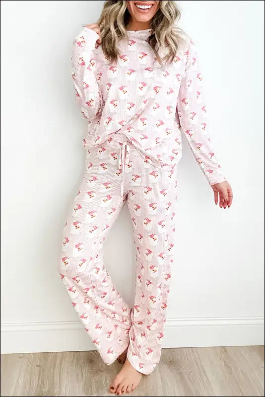 Santa Print Long Sleeve Top and Pants Lounge Set - Blush Pink / S