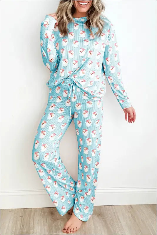 Santa Print Long Sleeve Top and Pants Lounge Set - Pastel Blue / S