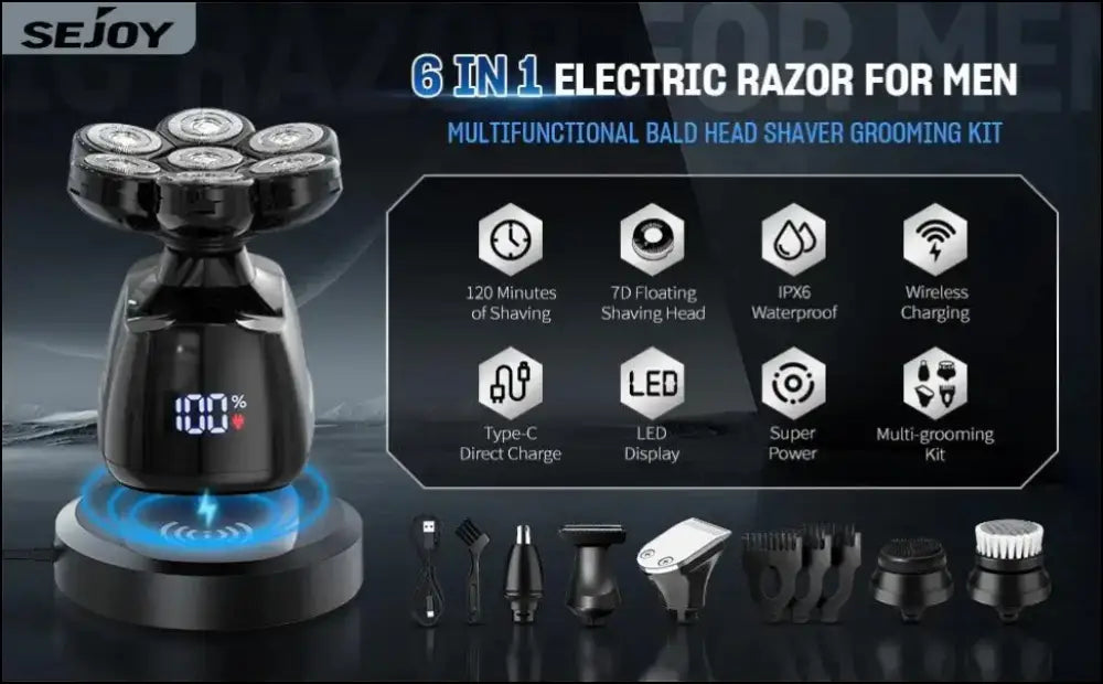SEJOY 6-in-1 7D Head Shavers for Bald Men Electric Razor Waterproof Grooming Kit with Nose Hair Trimmer