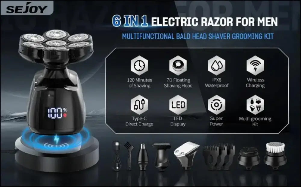 SEJOY 6-in-1 7D Head Shavers for Bald Men Electric Razor Waterproof Grooming Kit with Nose Hair Trimmer