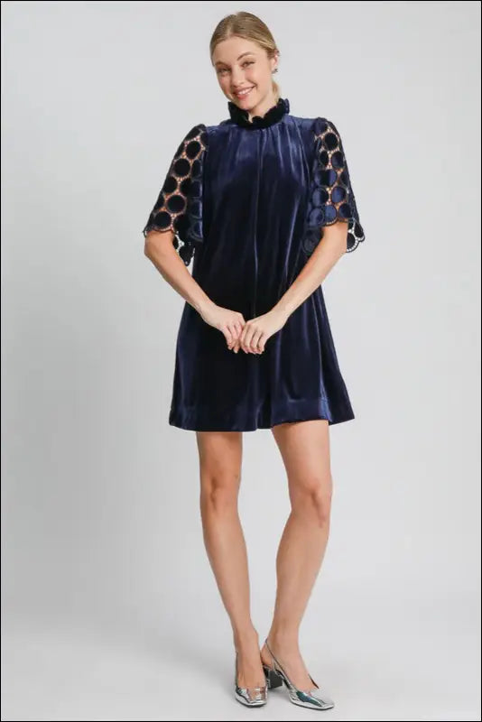 Umgee Dotted Lace Half Sleeve Mock Neck Back Tie Velvet Dress