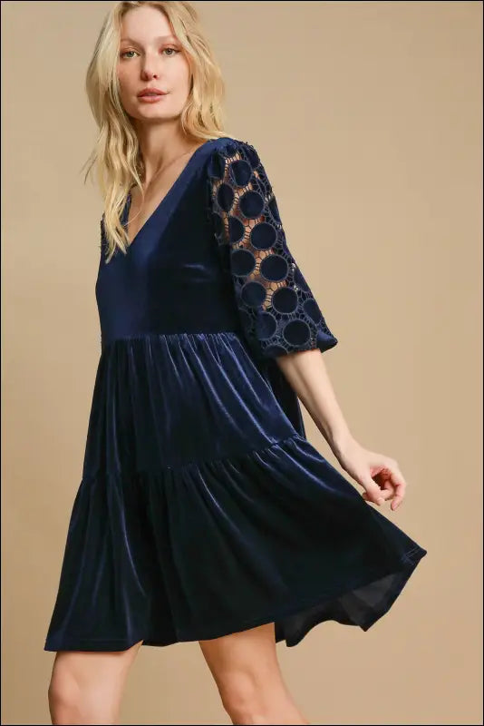 Umgee Dotted Lace Sleeve Tiered Velvet Mini Dress
