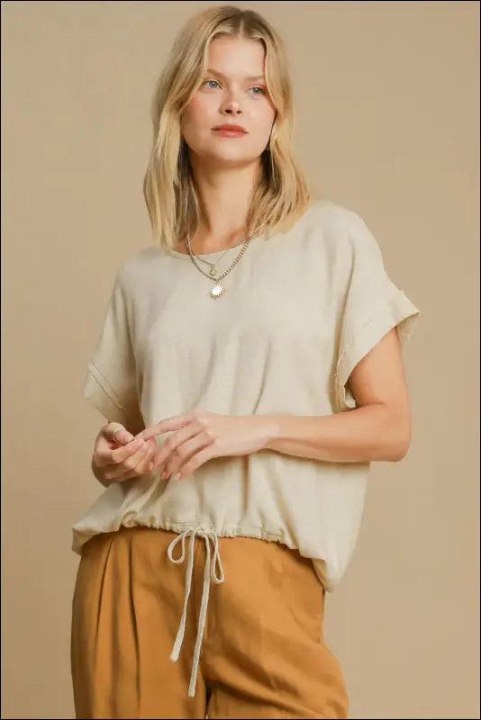 Umgee Drawstring Hem Round Neck Short Sleeve T-Shirt - Oatmeal / S