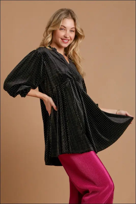 Umgee Full Size Beaded Frill Flounce Sleeve Velvet Babydoll Blouse