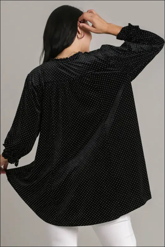 Umgee Full Size Beaded Frill Flounce Sleeve Velvet Babydoll Blouse