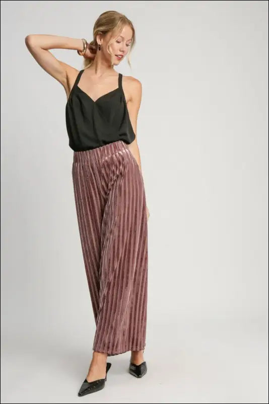Umgee Full Size Elastic Waist Striped Wide Leg Velvet Pants