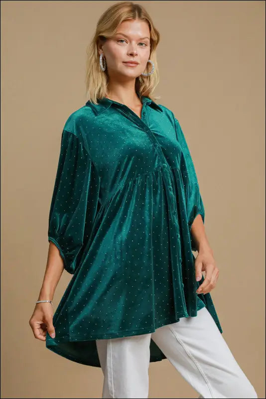 Umgee Full Size Polka Dot Collared Neck Button Up Shirt
