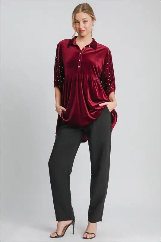 Umgee Pearl Detail Collared Neck Velvet Babydoll Blouse