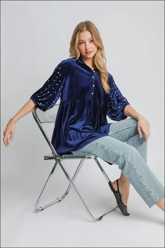 Umgee Pearl Detail Collared Neck Velvet Babydoll Blouse