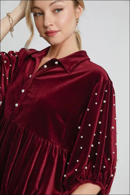 Umgee Pearl Detail Collared Neck Velvet Babydoll Blouse