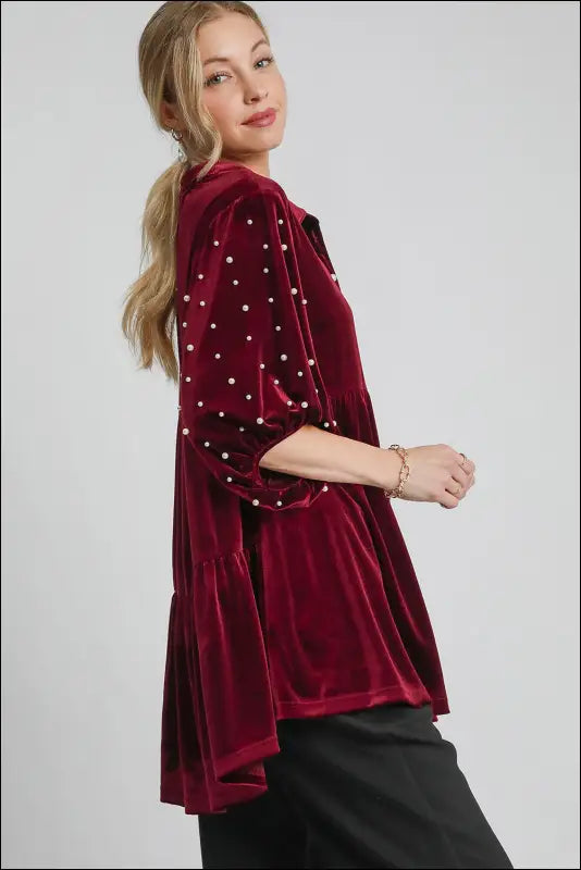 Umgee Pearl Detail Collared Neck Velvet Babydoll Blouse