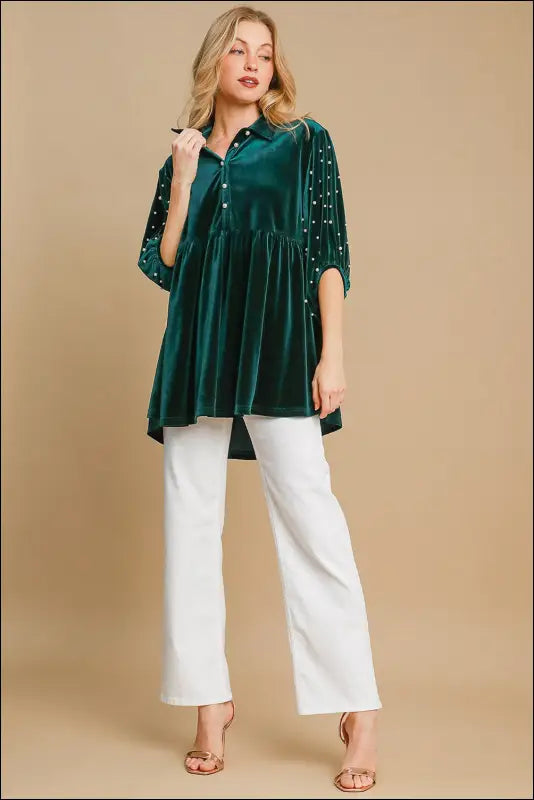 Umgee Pearl Detail Half Sleeve Velvet Babydoll Blouse