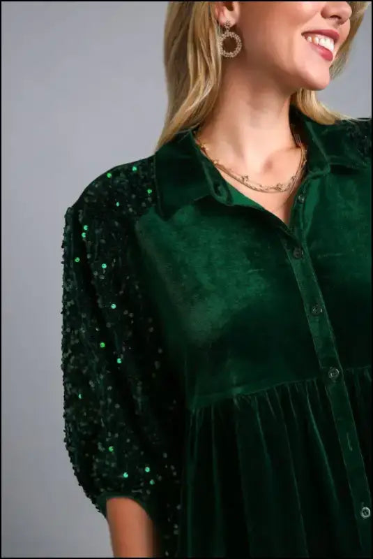 Umgee Sequin Detail Tiered Back Half Sleeve Shirt