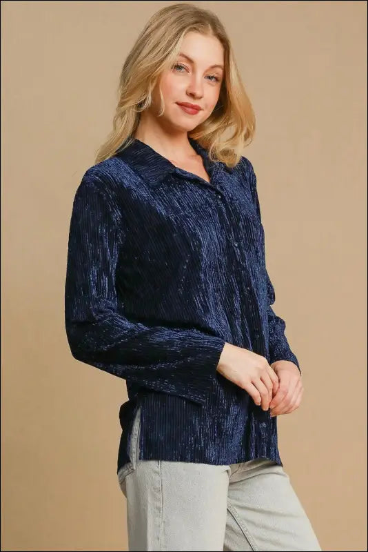 Umgee Side Slit Texture Button Up Shirt