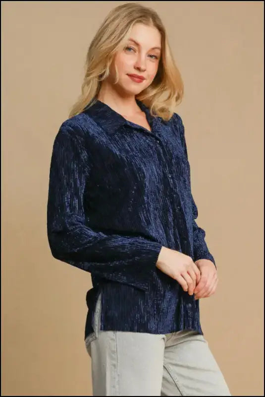 Umgee Side Slit Texture Button Up Shirt