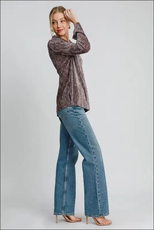 Umgee Side Slit Texture Button Up Shirt