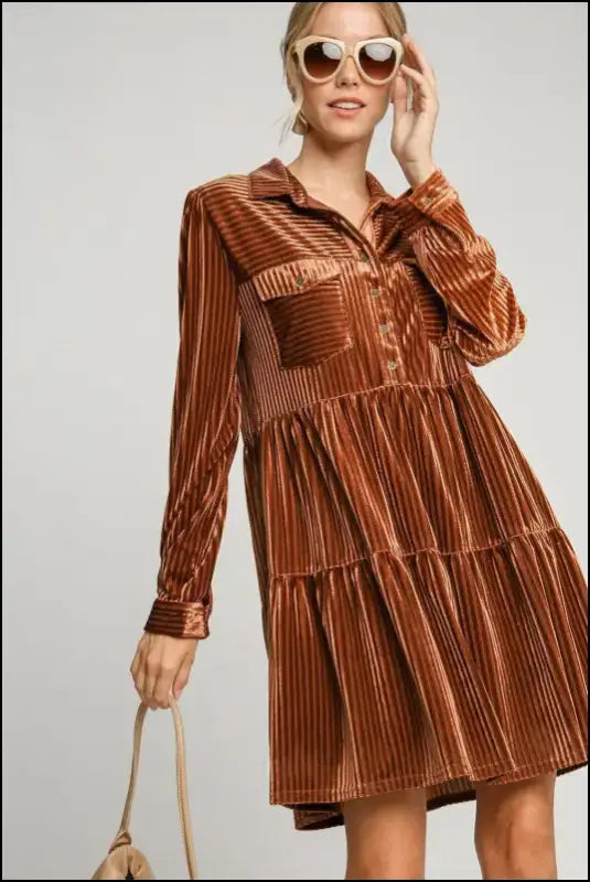Umgee Texture Tiered Collared Long Sleeve Dress