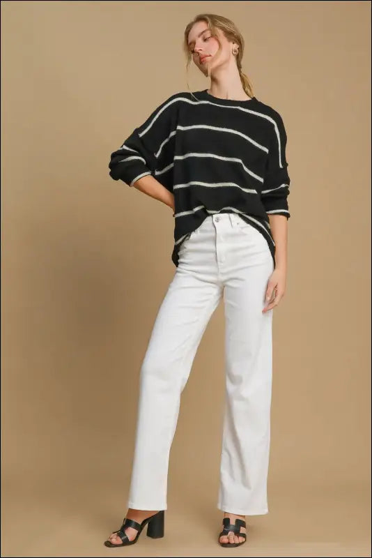 Umgee Wool Blend Striped Round Neck Sweater