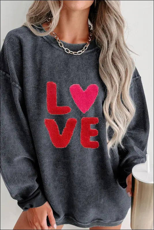 Valentine’s Day LOVE Round Neck Long Sleeve Sweatshirt - Dark Gray / S