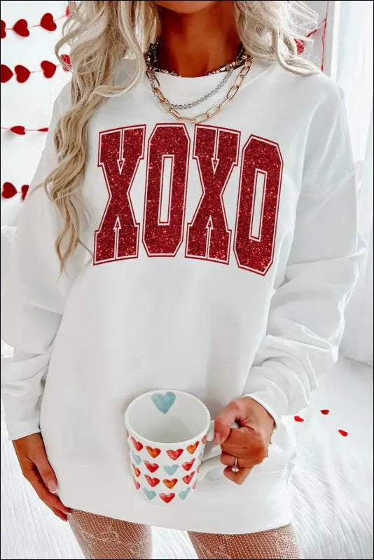 Valentine’s Day XOXO Glitter Round Neck Sweatshirt - White / S