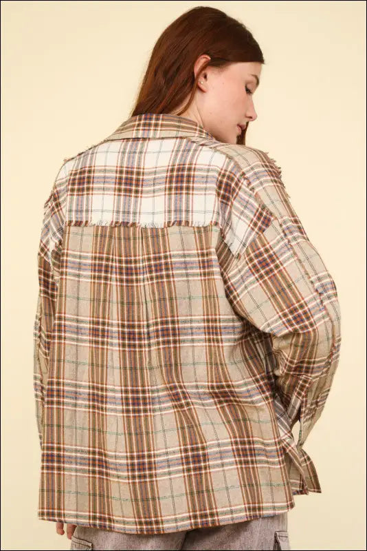 VERY J Contrast Plaid Raw Detail Shirt