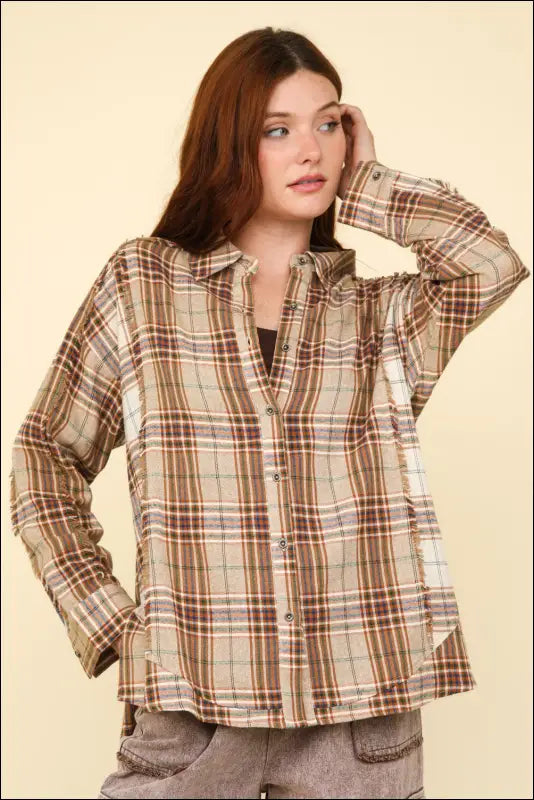 VERY J Contrast Plaid Raw Detail Shirt