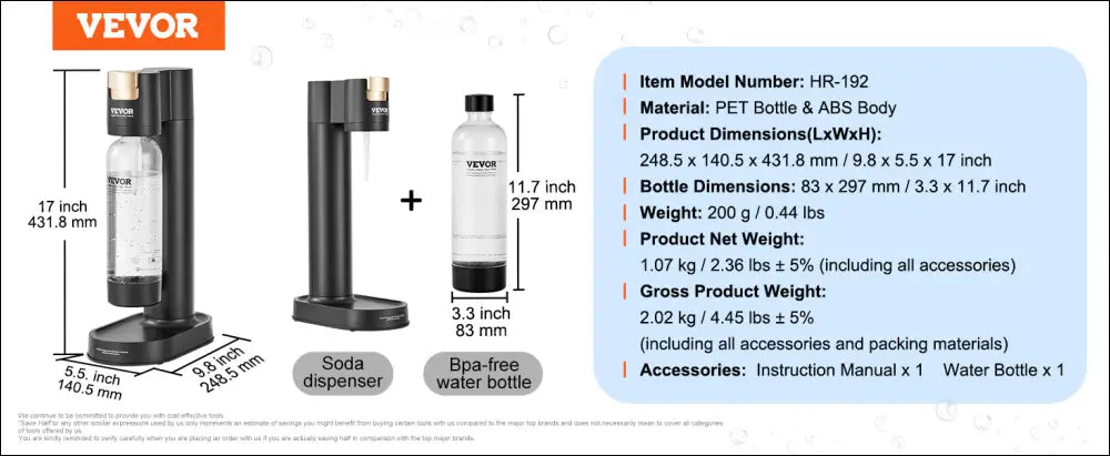 VEVOR Sparkling Water Maker – Home Soda Machine with Carbonation Seltzer Starter Kit Includes BPA-Free 1L PET Bottle