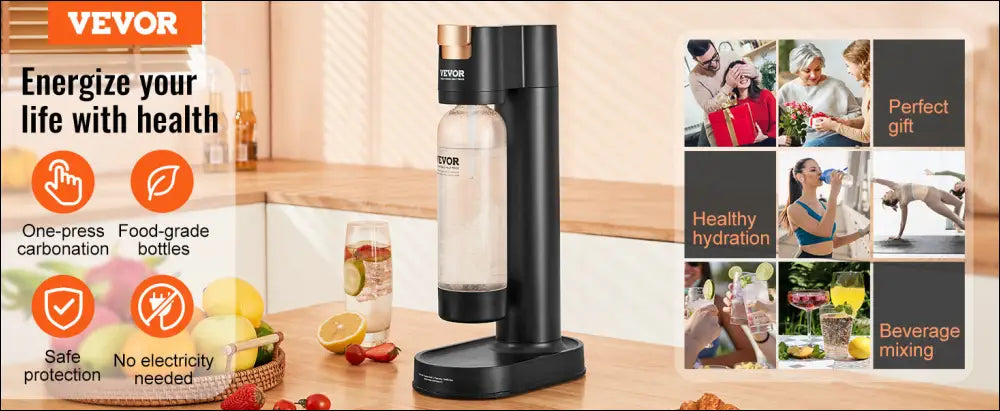 VEVOR Sparkling Water Maker – Home Soda Machine with Carbonation Seltzer Starter Kit Includes BPA-Free 1L PET Bottle