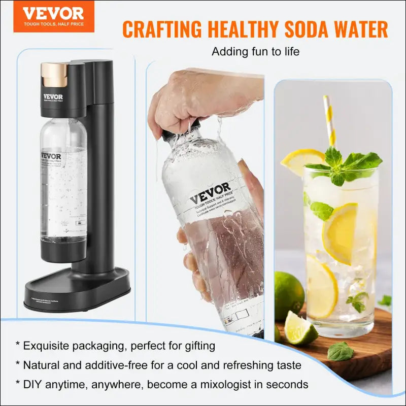 VEVOR Sparkling Water Maker – Home Soda Machine with Carbonation Seltzer Starter Kit Includes BPA-Free 1L PET Bottle