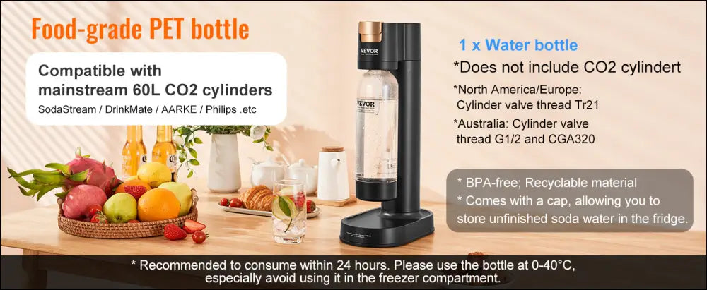 VEVOR Sparkling Water Maker – Home Soda Machine with Carbonation Seltzer Starter Kit Includes BPA-Free 1L PET Bottle