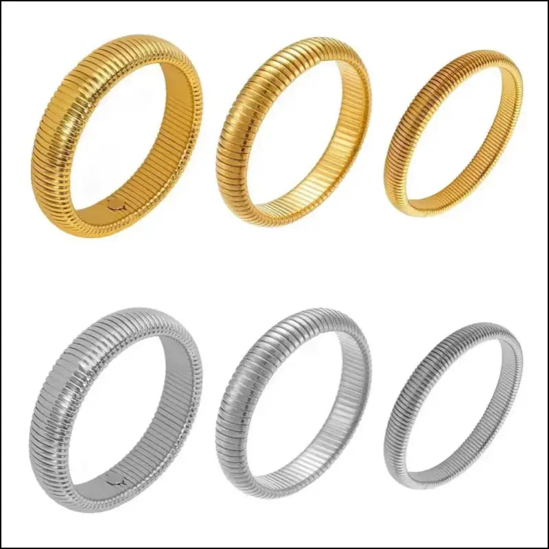 Waterproof 18K Gold Plated Stainless Steel Bracelet – Retro Elastic Thick Metal Polish Unisex Fashion Jewelry for Men
