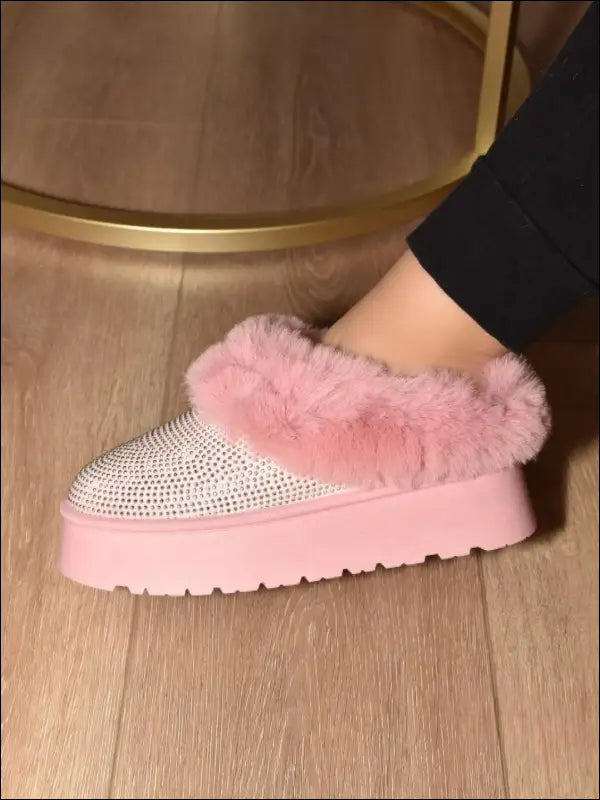 WILD DIVA Embellished Faux Fur Platform Booties - Pink / 5.5