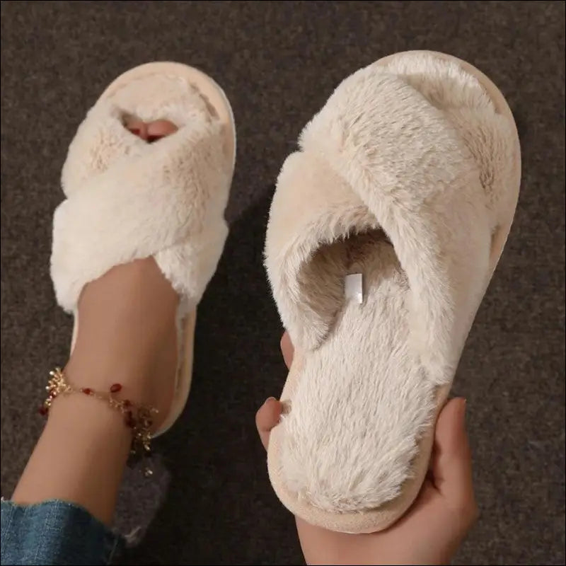 Women’s CrissCross Band Plush House Slippers - Open Toe Fuzzy Warm Winter Indoor Shoes for Cozy Comfort - Women