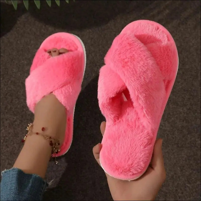 Women’s CrissCross Band Plush House Slippers - Open Toe Fuzzy Warm Winter Indoor Shoes for Cozy Comfort - Women