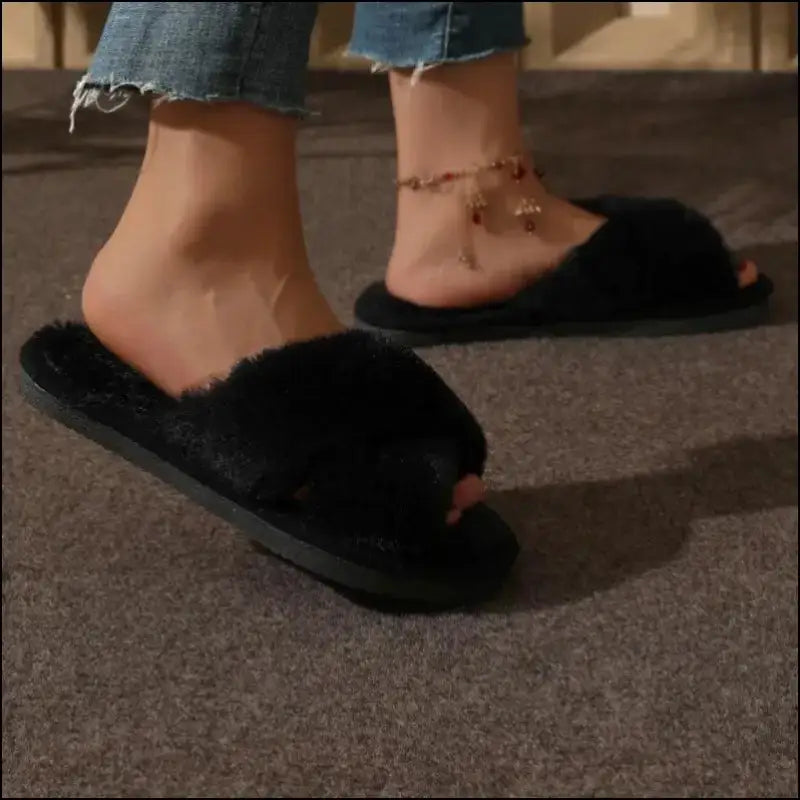 Women’s CrissCross Band Plush House Slippers - Open Toe Fuzzy Warm Winter Indoor Shoes for Cozy Comfort - Women