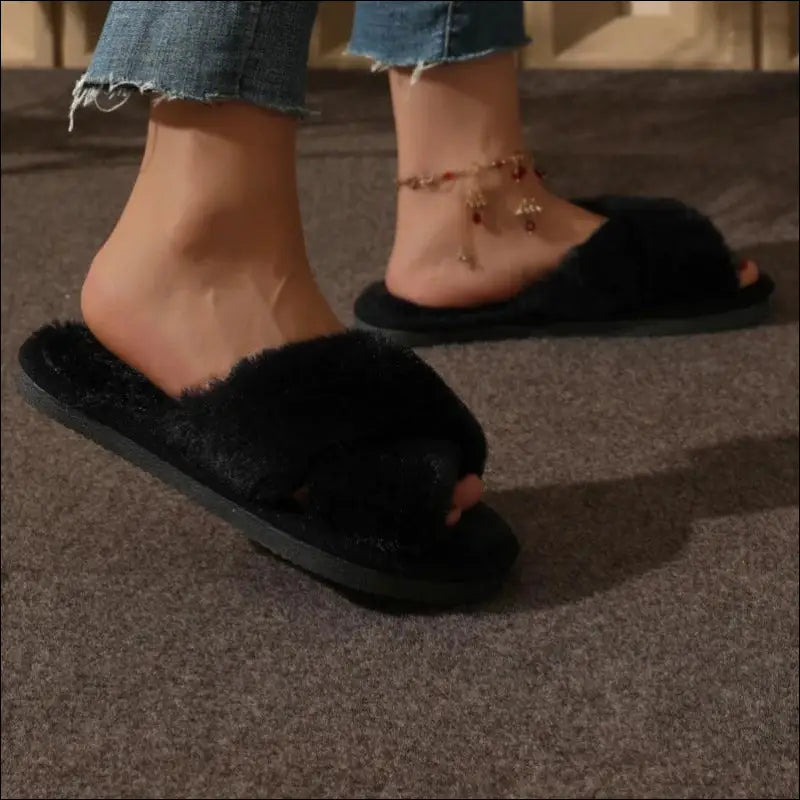 Women’s CrissCross Band Plush House Slippers - Open Toe Fuzzy Warm Winter Indoor Shoes for Cozy Comfort - Women