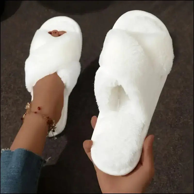 Women’s CrissCross Band Plush House Slippers - Open Toe Fuzzy Warm Winter Indoor Shoes for Cozy Comfort - Women