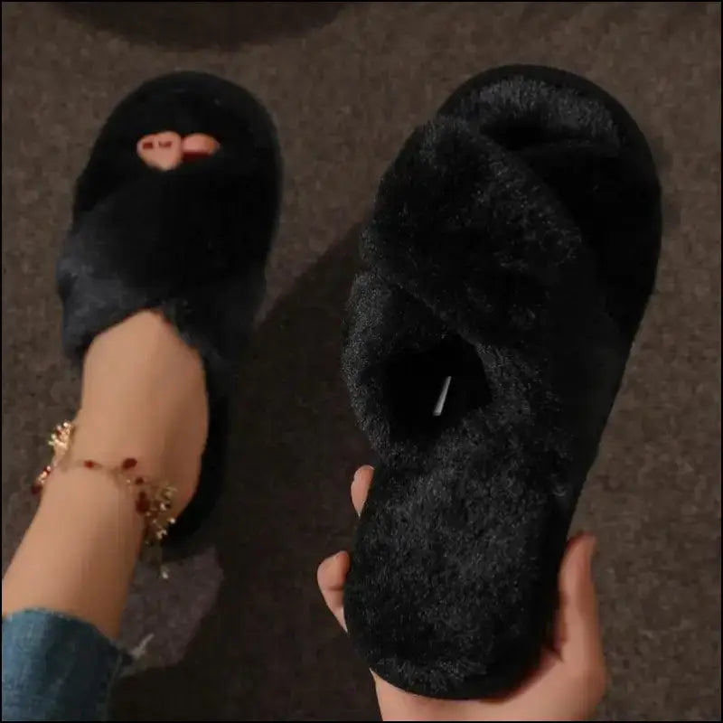 Women’s CrissCross Band Plush House Slippers - Open Toe Fuzzy Warm Winter Indoor Shoes for Cozy Comfort - Women