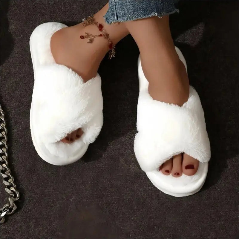 Women’s CrissCross Band Plush House Slippers - Open Toe Fuzzy Warm Winter Indoor Shoes for Cozy Comfort - White