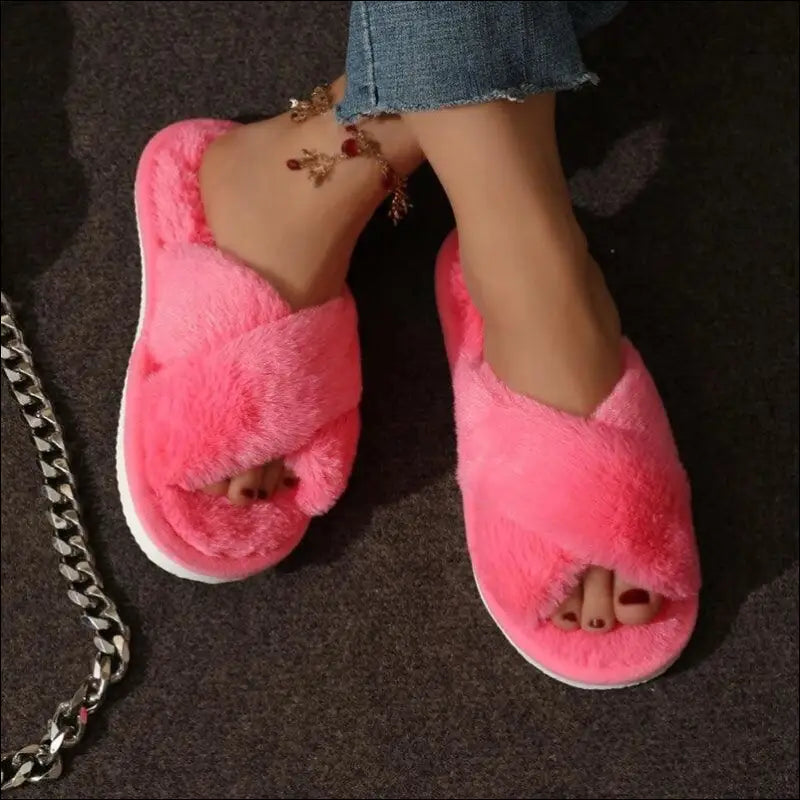 Women’s CrissCross Band Plush House Slippers - Open Toe Fuzzy Warm Winter Indoor Shoes for Cozy Comfort - Rosy Red