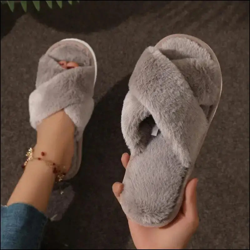 Women’s CrissCross Band Plush House Slippers - Open Toe Fuzzy Warm Winter Indoor Shoes for Cozy Comfort - Women