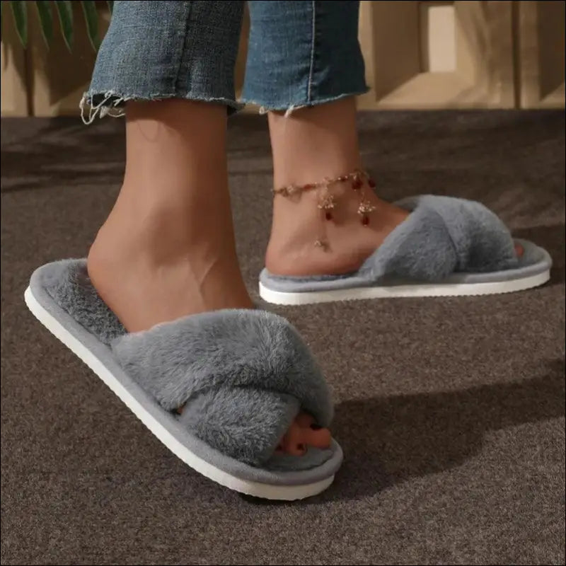 Women’s CrissCross Band Plush House Slippers - Open Toe Fuzzy Warm Winter Indoor Shoes for Cozy Comfort - Women