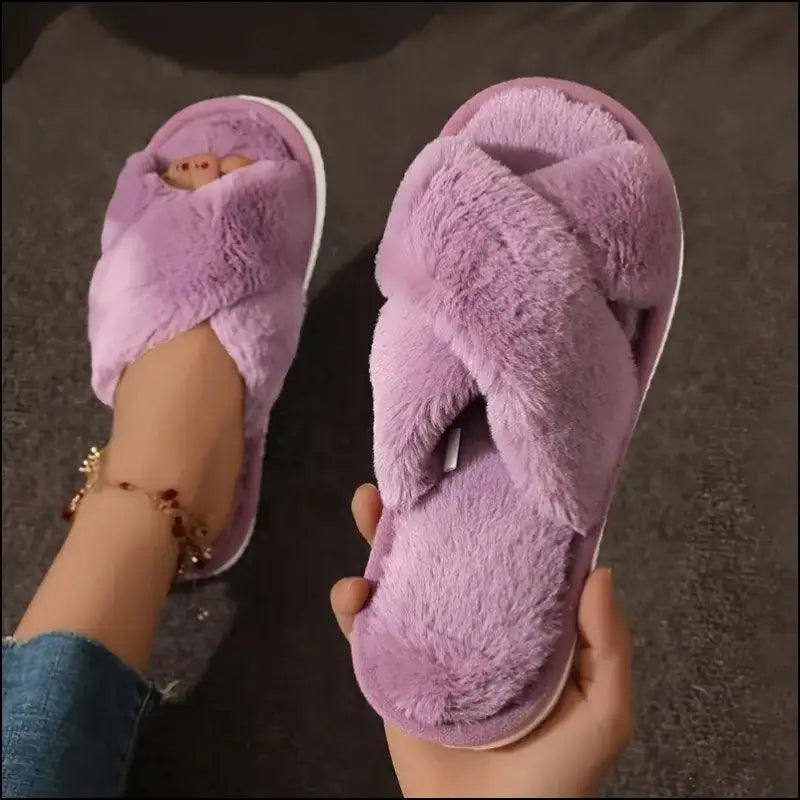 Women’s CrissCross Band Plush House Slippers - Open Toe Fuzzy Warm Winter Indoor Shoes for Cozy Comfort - Women